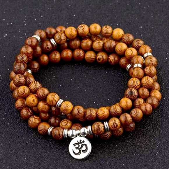 Tibetan Buddhist 108 Wood Beads Mala MultiLayer Om Charm Necklace OS - Picture 3 of 7